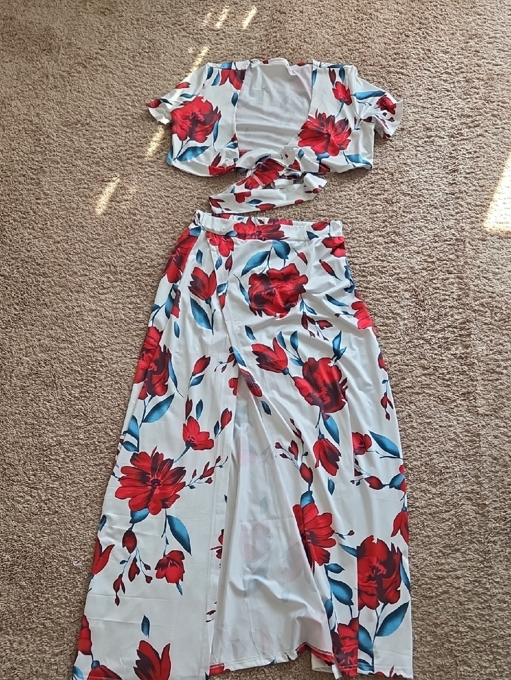 Two-Piece White Maxi Set with Red Floral Print
